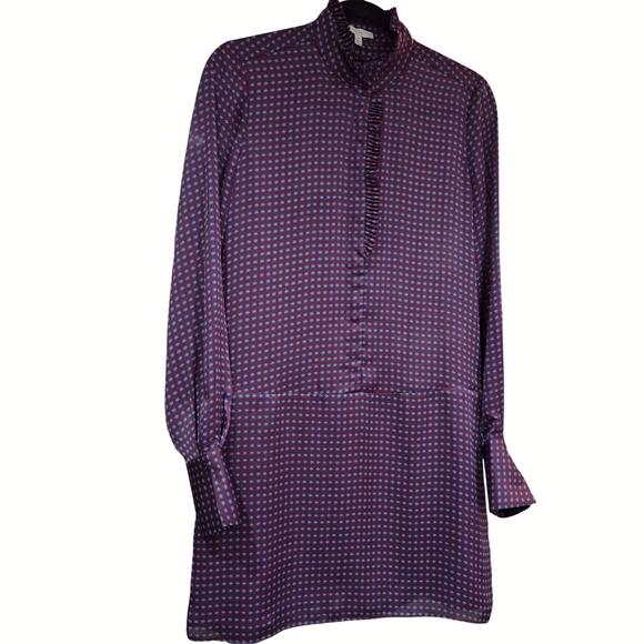 JOIE Navy 'Prynn' Menswear Tie Print Silk Shirt Dress Pleated Collar US SM